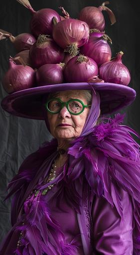 portrait of a woman, 25 years old, oval face, magus in a purple outfit with an onion hat and a lot of purple feathers, wearing green glasses. The purple onion hat was made from large fresh red onions. The man wore purple of vibrant color. The wide shot photo was taken in the style of Nikon D850 and was photo realistic and hyper detailed. --ar 35:64 --v 6.0