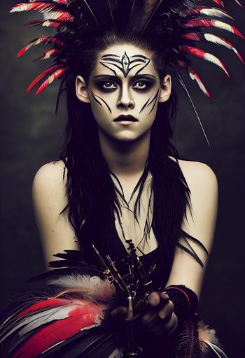 portrait photo of Kristen Stewart as a valkyrie demon, dark red face painting, female, feathers for hair, lean body, dark metal teeth bracers, feathers for hair, in the sky, portrait, Photography, Shot on 70mm, Telephoto, Depth of Field, F/2.8, high Contrast, 8K, dark atmosphere, intricate armor, detailed armor, Cinematic Lighting, ultra realistic, hyper detailed, photoshoot --ar 4:6 --test --upbeta