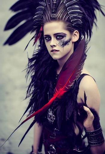 portrait photo of Kristen Stewart as a valkyrie demon, dark red face painting, female, feathers for hair, lean body, dark metal teeth bracers, feathers for hair, in the sky, portrait, Photography, Shot on 70mm, Telephoto, Depth of Field, F/2.8, high Contrast, 8K, dark atmosphere, intricate armor, detailed armor, Cinematic Lighting, ultra realistic, hyper detailed, photoshoot --ar 4:6 --test --upbeta