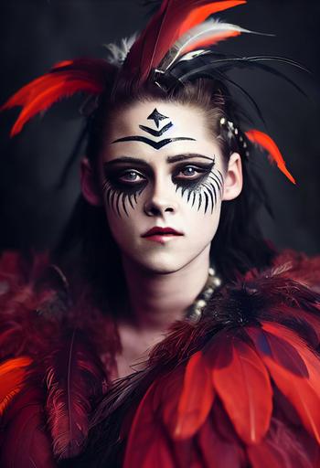 portrait photo of Kristen Stewart as a valkyrie demon, dark red face painting, female, feathers for hair, lean body, dark metal teeth bracers, feathers for hair, in the sky, portrait, Photography, Shot on 70mm, Telephoto, Depth of Field, F/2.8, high Contrast, 8K, dark atmosphere, intricate armor, detailed armor, Cinematic Lighting, ultra realistic, hyper detailed, photoshoot --ar 4:6 --test --upbeta