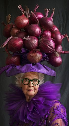 portret of woman magus in a purple dress and hat made of onion, with green glasses, on top is a lot of large red onions growing out from his head, with purple feathers, in the hyper realistic photography style of National Geographic. --ar 35:64 --v 6.0