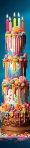 product photoraph of a mega unicake with multiple tiers, rainbow dripcake, rainbow birthday candles, flower border --ar 1:5