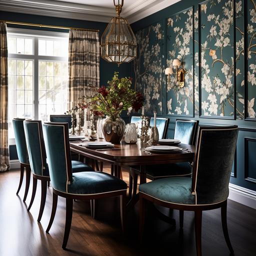 : realistic photo of formal dining room with black floral botanical wallpaper and teal blue velvet chairs and dark walnut dining table