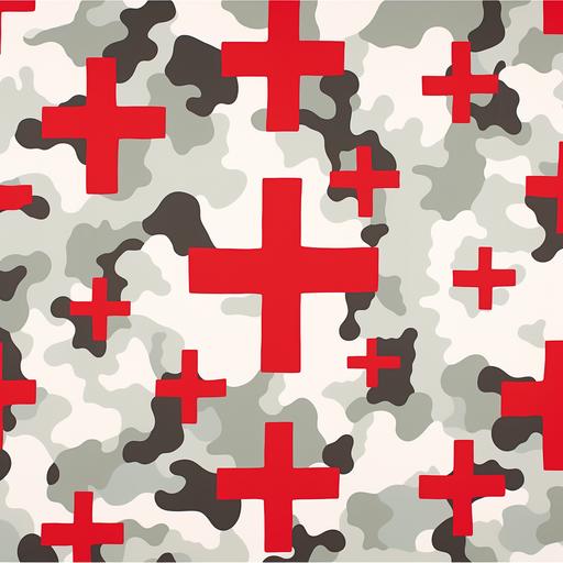 red cross camouflage textile print, white background