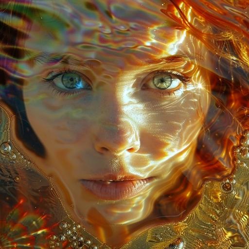 red hair, blue eyes, heart shaped face, Gilgamesh, iridescent, water ripples, miamicore, extreme detail, high def - - v 6.0