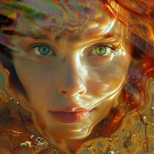 red hair, blue eyes, heart shaped face, Gilgamesh, iridescent, water ripples, miamicore, extreme detail, high def - - v 6.0 --v 6.0
