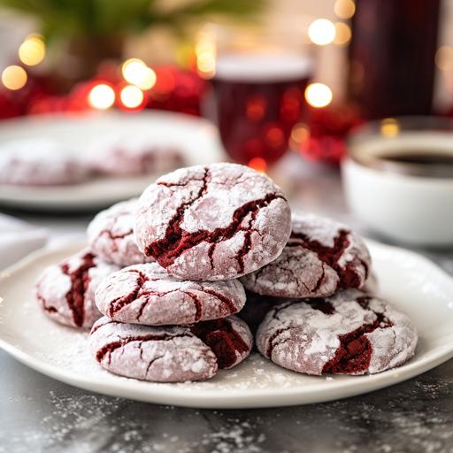 red velvet crinkle cut cookies on white plate with well lit kitchen background