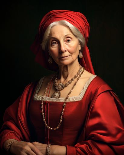 renaissance painting of an older lady in a red gown, silver jewelry, in the style of raphael --ar 4:5