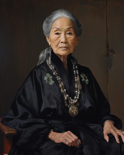renaissance painting of older asian lady, black gown, silver jewelry, in the style of raphael --ar 4:5