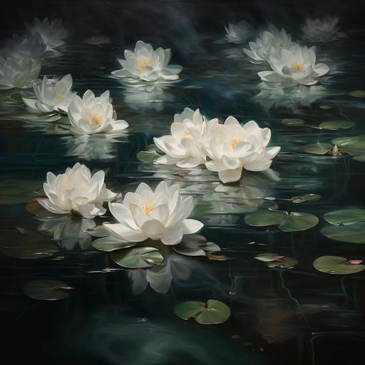 renaissance painting of white flower petals on water surface, dim light, subtle dark green hue ar-- 9:16
