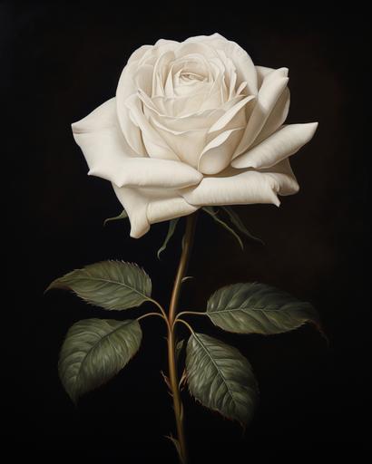 renaissance painting, single white rose, dark background --ar 4:5
