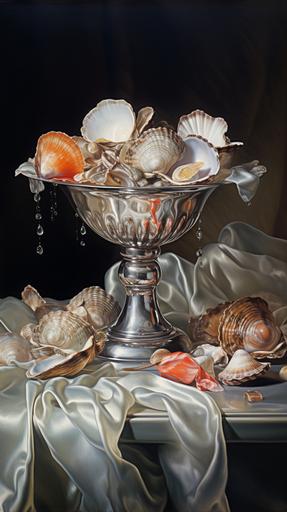 renaissance painting still life, seashells in a crystal glass dish, silver silk draped in background, michelangelo style --ar 9:16