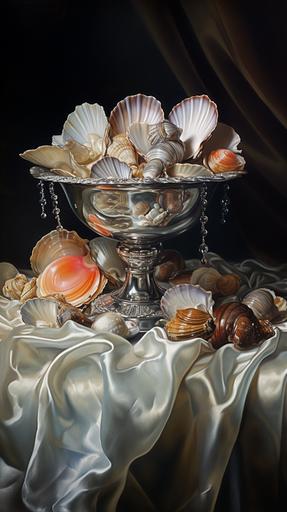 renaissance painting still life, seashells in a crystal glass dish, silver silk draped in background, michelangelo style --ar 9:16