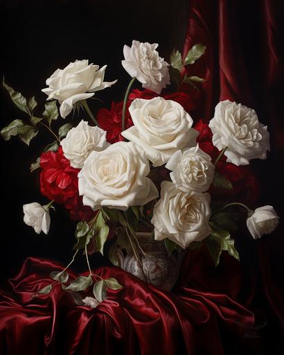 renaissance still life painting of white roses, backdrop of dark red velvet --ar 4:5