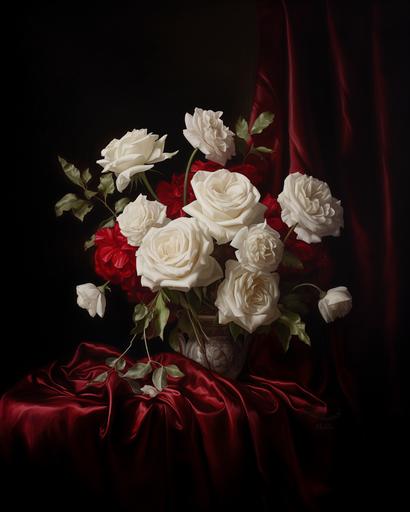 renaissance still life painting of white roses, backdrop of dark red velvet --ar 4:5