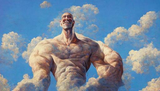god of masculinity, hyper realistic, muscular, posing, goofy smile, super powerful, as tall as the sky --ar 16:9