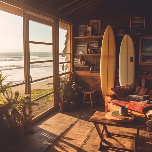 rustic California surf shack, modern decor, minimalist, comfy, west coast design, interior, photograph