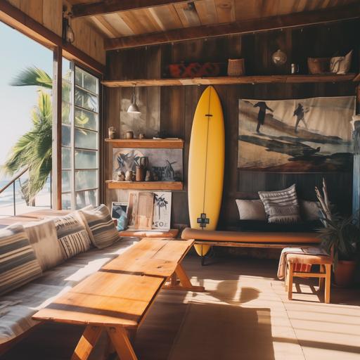 rustic California surf shack, modern decor, minimalist, comfy, west coast design, interior, photograph