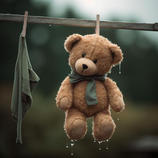 sad teddy bear on clothespin on a rope