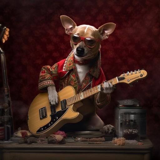 perro salchicha tocando la guitarra electrica