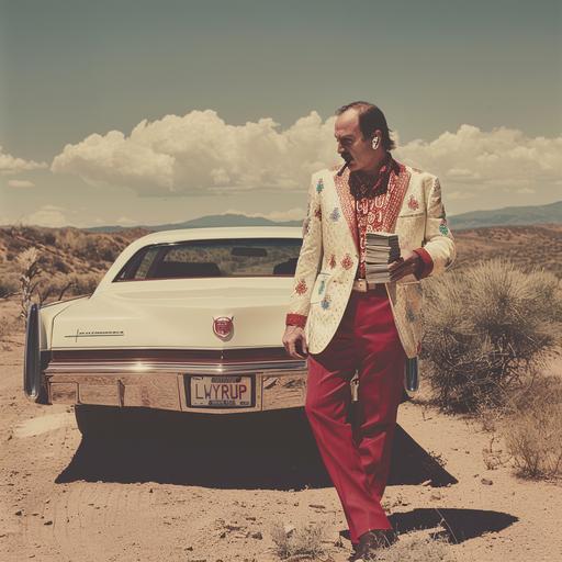 saul goodman in a white and red suit with a stack of money in his hand and smoking a cigar standing by the rear of an early 2000s white cadillac with the liscence plate 