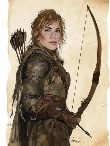 she as a female archer medieval character, 2d, sketch, digital drawing, detailed half body portrait, 40 years old --ar 3:4 --v 6.0