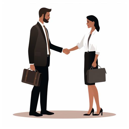 simple 2d minimilistic business man and business woman icon shaking hands, white background . woman is wearng white dress, man is wearing white button up with black tie and is holding briefcase