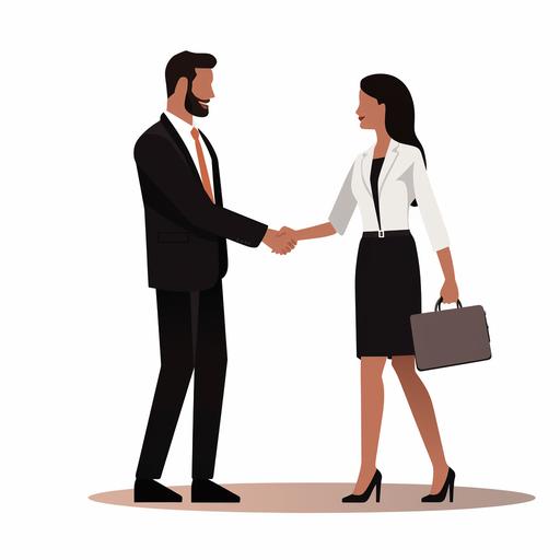 simple 2d minimilistic business man and business woman icon shaking hands, white background . woman is wearng white dress, man is wearing white button up with black tie and is holding briefcase