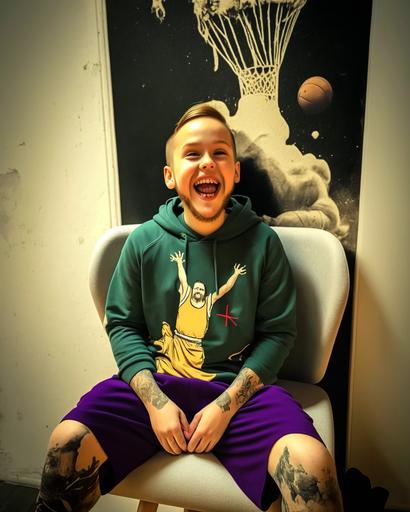 sitting on a throne wearing a Lakers basketball t shirt and a funny basketball dunk poster on the wall behind him, golden, ethereal, happy Birthday cake on the bottom like a basketball ball, smiley, tatoo,ultra realism, wide angle, zoomed out, full body shot --ar 4:5 --s 1000 --ar 16:9