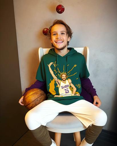 sitting on a throne wearing a Lakers basketball t shirt and a funny basketball dunk poster on the wall behind him, golden, ethereal, happy Birthday cake on the bottom like a basketball ball, smiley, tatoo,ultra realism, wide angle, zoomed out, full body shot --ar 4:5 --s 1000 --ar 16:9