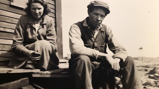 , sitting outside 1940' lignite mine housing, small sheds, happy wife holding dog --ar 16:9