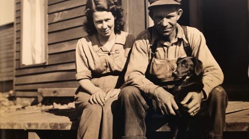 , sitting outside 1940' lignite mine housing, small sheds, happy wife holding dog --ar 16:9