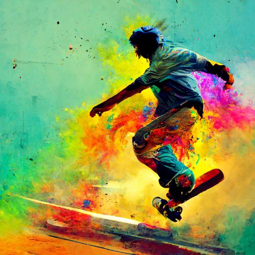 skater making huge jump with skateboard in explosion of colors, in skatepark
