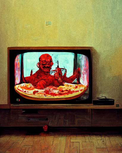 < smiley demon eatin pizza in style of Katsuhiro Otomo :: living room with tv in the background ::  --w 4000 --h 5000