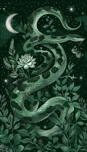 [ snake   Magic] , Spiritual aesthetic wallpaper, Hand-drawn art with Sparklecore, botanical, and celestial elements, Illustration, [Green] and [Silver] --ar 4:7 --v 6.0