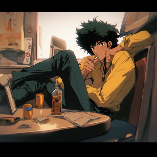 spike spiegel, from cowboy bebop, yellow shirt, blue pants, black shoes, sitting with feet on the table --niji 5 --stylize 1000 --q 2
