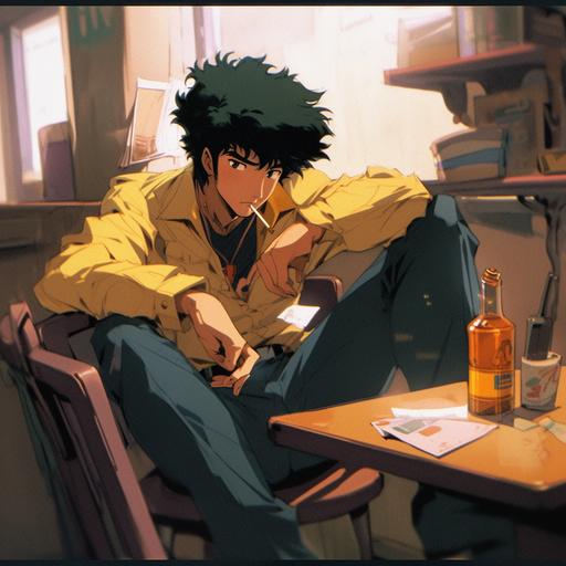 spike spiegel, from cowboy bebop, yellow shirt, blue pants, black shoes, sitting with feet on the table --niji 5 --stylize 1000 --q 2