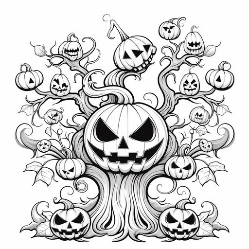 spooky halloween tree for babys, kids coloring book, single line , black and white, no shades
