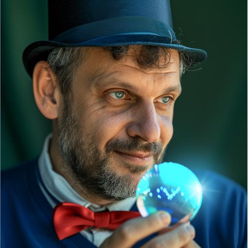 :: striking image of Andrea Volpini as a magician wearing a dark blue top hat and a red bow tie, focusing intently on a floating crystal ball. The camera lens captures a close-up with a shallow depth of field, highlighting the glow of the ball and the magician's sharp features against a blurred dark background, conveying a strong sense of drama :canon --v 6.0
