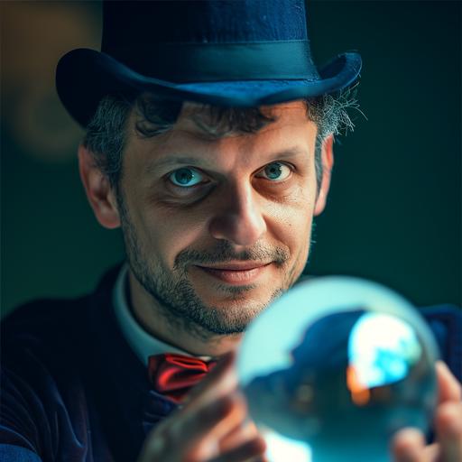 striking image of Andrea Volpini as a magician wearing a dark blue top hat and a red bow tie, focusing intently on a floating crystal ball. The camera lens captures a close-up with a shallow depth of field, highlighting the glow of the ball and the magician's sharp features against a blurred dark background, conveying a strong sense of drama and magic::3 canon lens, no hands --v 6.0