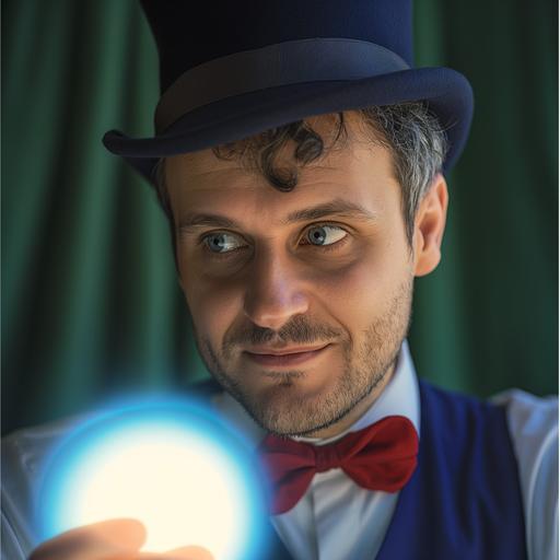 :: striking image of Andrea Volpini as a magician wearing a dark blue top hat and a red bow tie, focusing intently on a floating crystal ball. The camera lens captures a close-up with a shallow depth of field, highlighting the glow of the ball and the magician's sharp features against a blurred dark background, conveying a strong sense of drama :canon --v 6.0