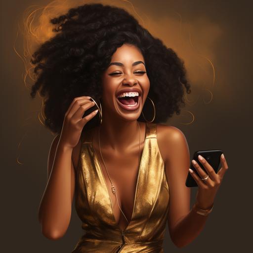 super happy black woman holding phone, laughing, photo realistic
