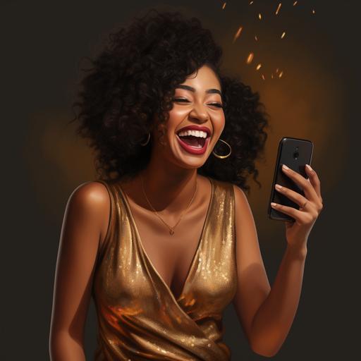 super happy black woman holding phone, laughing, photo realistic