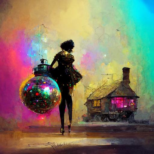 , surreal Steam punk. cottage, sepia undertones, 80’s disco glitter ball, Colourful drag queen lifting weights. Black puma, Christmas time