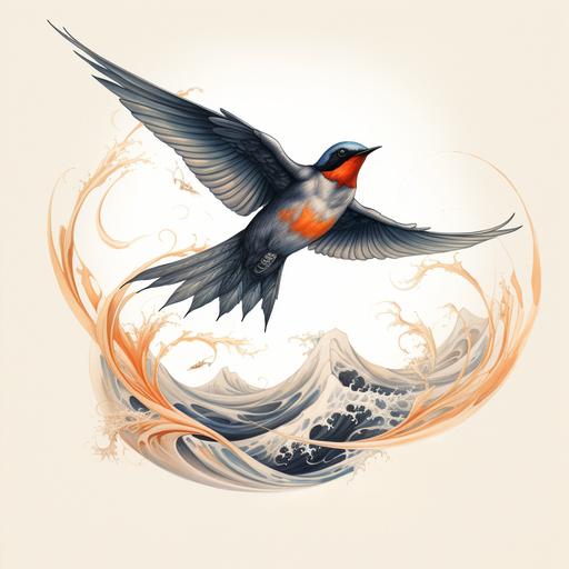 swallow in flight tattoo art, in the style of surreal landscapes, elegant compositions, light navy and orange, environmental portraiture, arcadian landscapes, enigmatic characters, explosive wildlife with wave elements