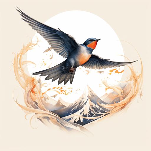 swallow in flight tattoo art, in the style of surreal architectural landscapes, elegant compositions, light navy and orange, environmental portraiture, arcadian landscapes, enigmatic characters, explosive wildlife