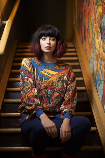 the girl in the colorful photonegative refractograph sweater sits on a stair, in the style of aaron jasinski, enigmatic tropics, bold patterns, sana takeda, siya oum, oversized portraits, social media portraiture --ar 85:128