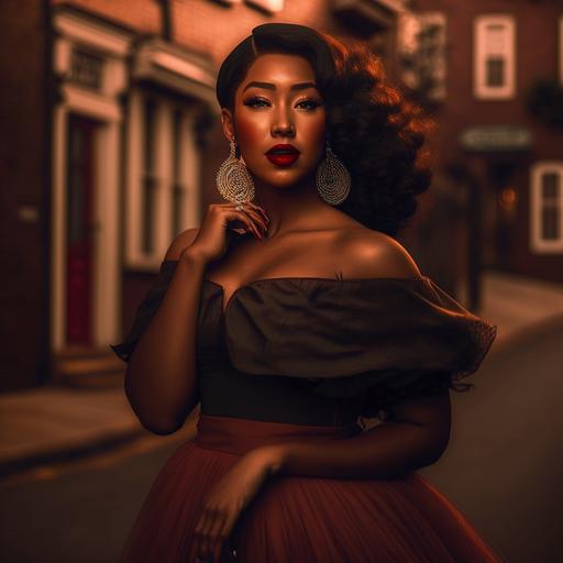 the most beautiful 1950s cinnamon-skinned Rubenesque woman   Chesnut hair in a pompadour   freckles on her cheeks   walking through an olde town aesthetic in a red tulle skirt   full figured   dark academia aesthetic  hyper detailed, intricate details  photorealistic  sharp focus   cinematic lighting   Sony a7R IV camera, Meike 85mm F1.8   hyper realistic   Artstation   Gonzalo canepa