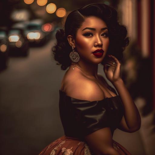 the most beautiful 1950s maple-skinned Rubenesque woman   Chesnut hair in a pompadour   freckles on her cheeks   walking through an olde town aesthetic in a red tulle skirt   full figured   dark academia aesthetic  hyper detailed, intricate details  photorealistic  sharp focus   cinematic lighting   Sony a7R IV camera, Meike 85mm F1.8   hyper realistic   Artstation   Gonzalo canepa