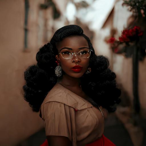 the most beautiful 1950s nubian Rubenesque woman   Chesnut hair in a pompadour   red cat eye glasses   freckles on her cheeks   walking through an olde town aesthetic in a red tulle skirt   full figured   dark academia aesthetic  hyper detailed, intricate details  photorealistic  sharp focus   cinematic lighting   Sony a7R IV camera, Meike 85mm F1.8   hyper realistic   Artstation   Gonzalo canepa